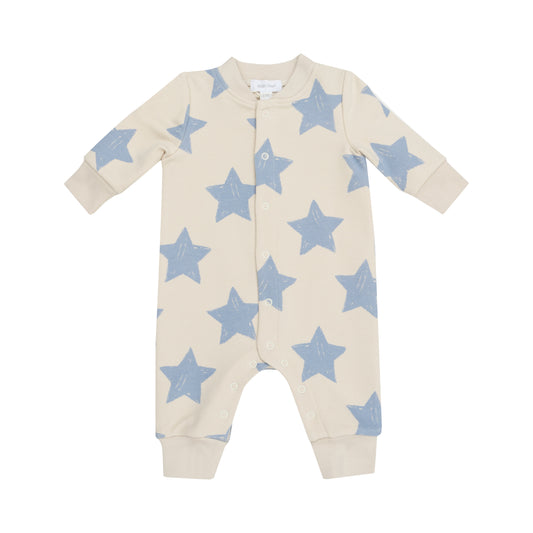 French Terry Sketchy Stars Blue - Baseball Collar Romper