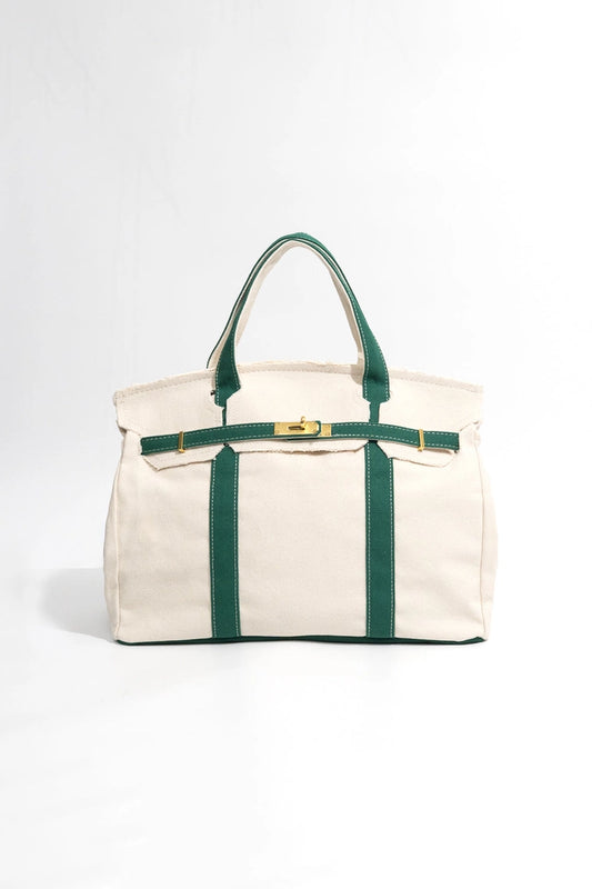 Handmade Premium Cotton Canvas Boat Bag White/ Emerald Green