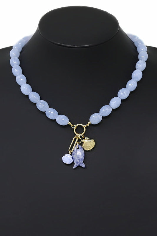 Shell and Fish Pendant Beaded Charm Necklace - Blue
