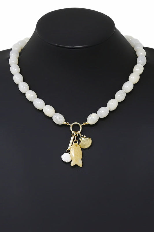 Shell and Fish Pendant Beaded Charm Necklace - Ivory