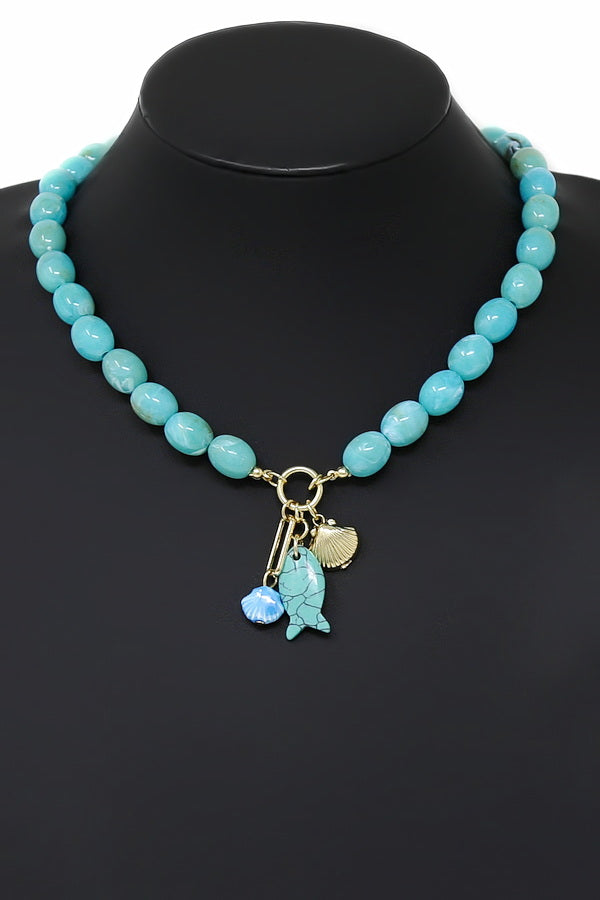 Shell and Fish Pendant Beaded Charm Necklace - Turquoise