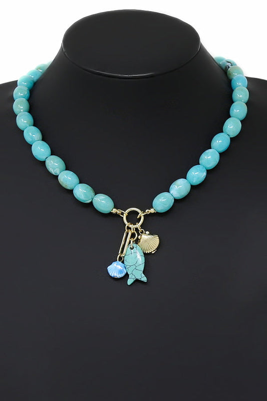 Shell and Fish Pendant Beaded Charm Necklace - Turquoise