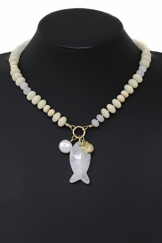 Shell and Fish Pendant Beaded Coastal Charm Necklace - Ivory