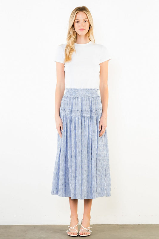 Striped Skirt with Smocked Detail in Blue