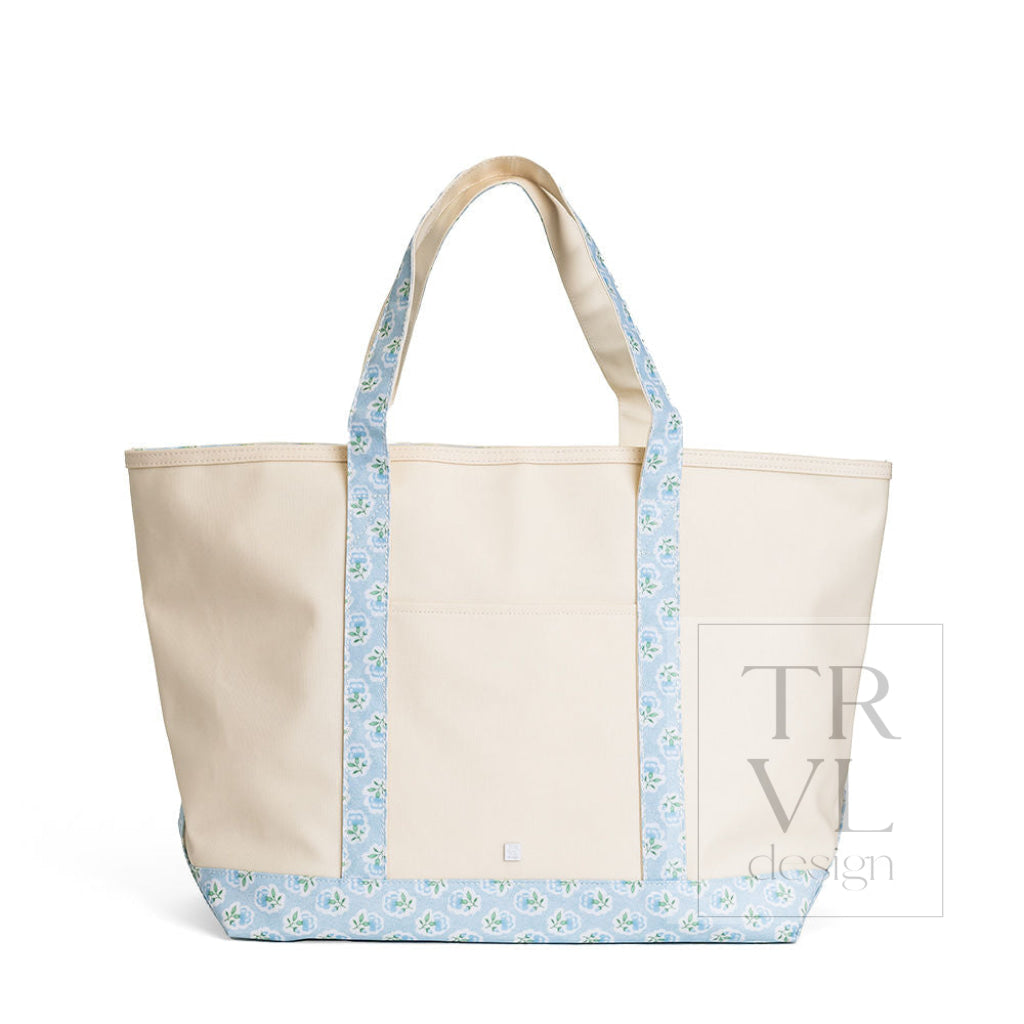MAXI TOTE - COATED CANVAS Large NATURAL With PETITE FLEUR BLUE TRIM