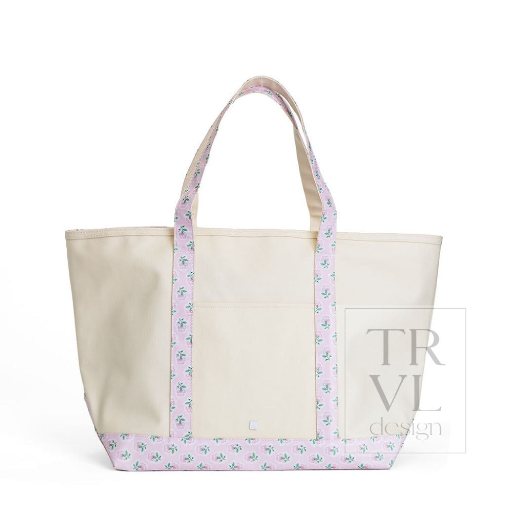 MAXI TOTE - COATED CANVAS Large NATURAL With PETITE FLEUR PINK TRIM