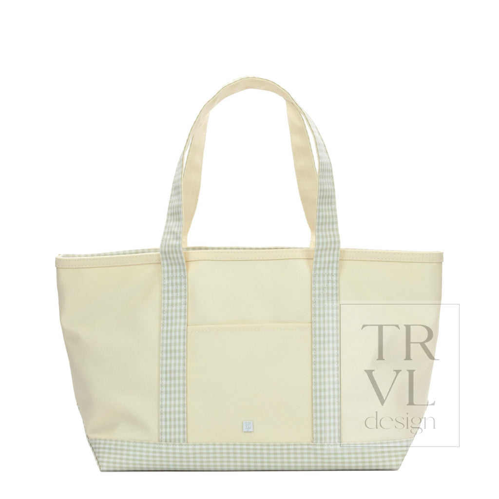 MEDIUM TOTE - COATED CANVAS NATURAL with GINGHAM PEARL GREY TRIM