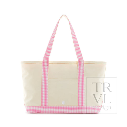 MEDIUM TOTE - COATED CANVAS NATURAL with GINGHAM PINK TRIM
