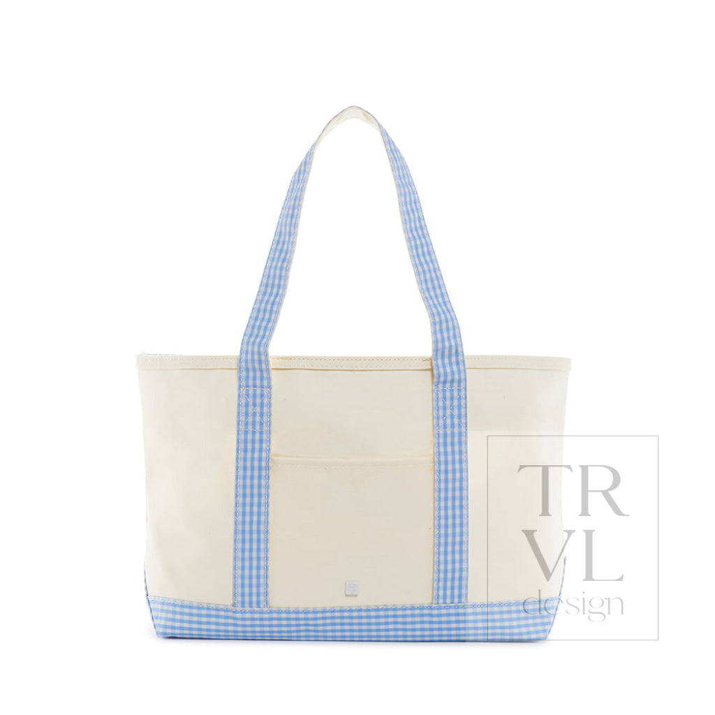 MEDIUM TOTE - COATED CANVAS NATURAL with GINGHAM SKY TRIM