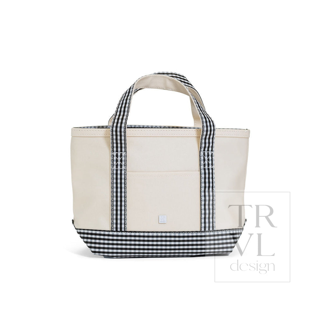MINI TOTE - COATED CANVAS NATURAL With GINGHAM BLACK TRIM