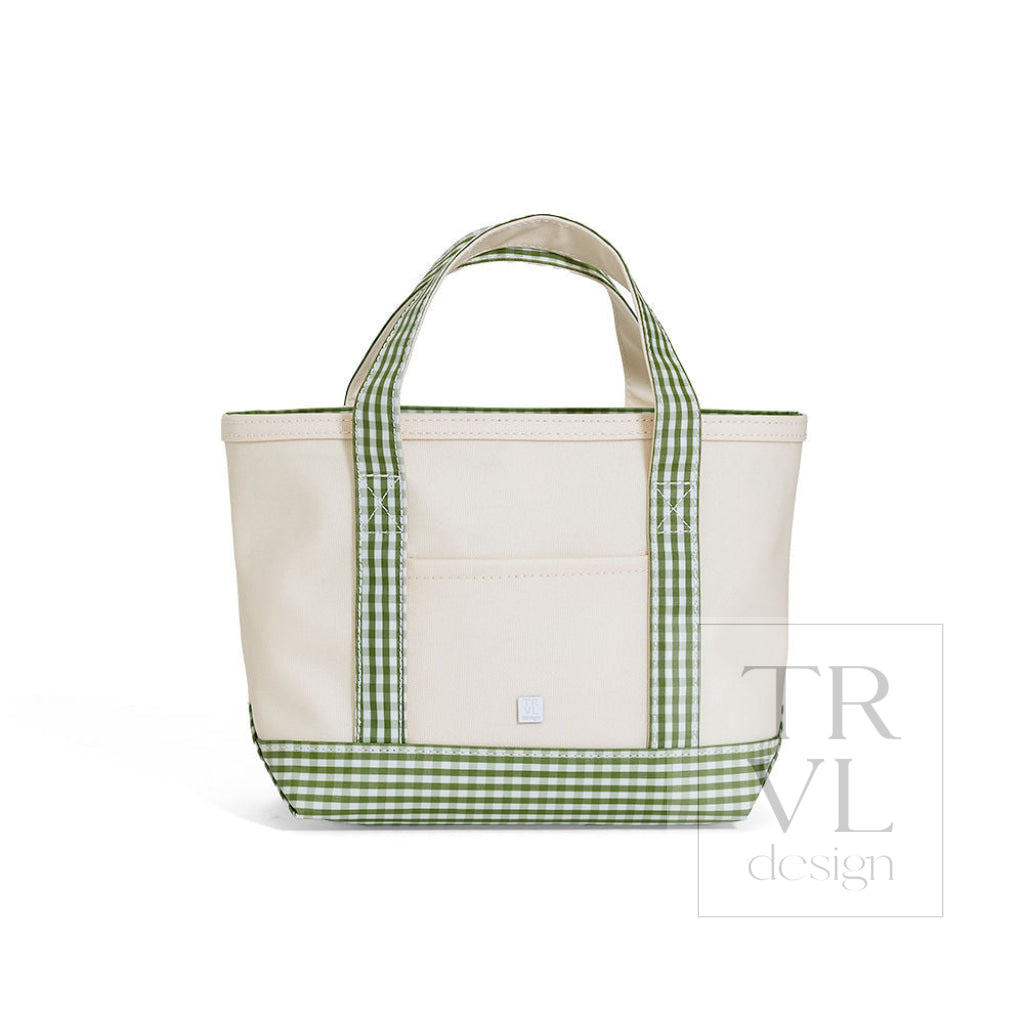 MINI TOTE - COATED CANVAS NATURAL With GINGHAM MOSS TRIM