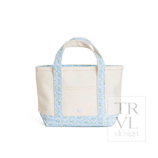 MINI TOTE - COATED CANVAS NATURAL With PETITE FLEUR BLUE TRIM