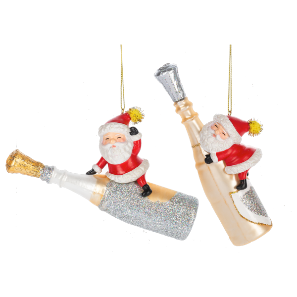 Santa w/Champagne Bottle Ornaments