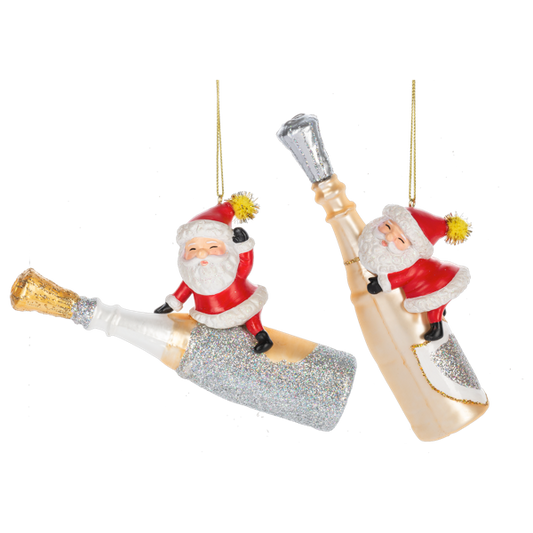 Santa w/Champagne Bottle Ornaments