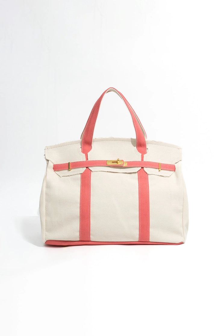 Handmade Premium Cotton Canvas Boat Bag White/ Pink