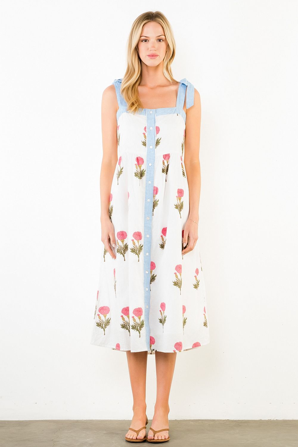 Tie Straps Floral Pattern Midi Dress in White