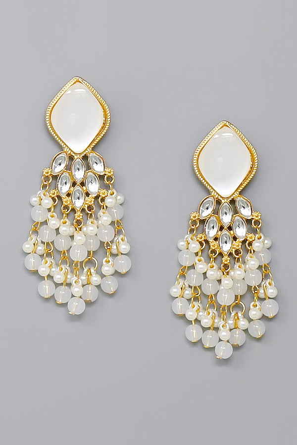 Beaded Fringe Dangle Earrings - Gold White