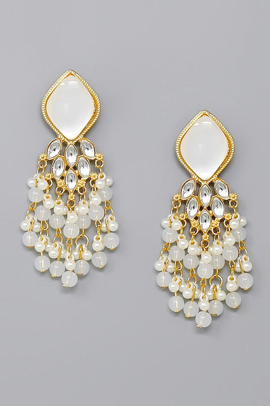 Beaded Fringe Dangle Earrings - Gold White