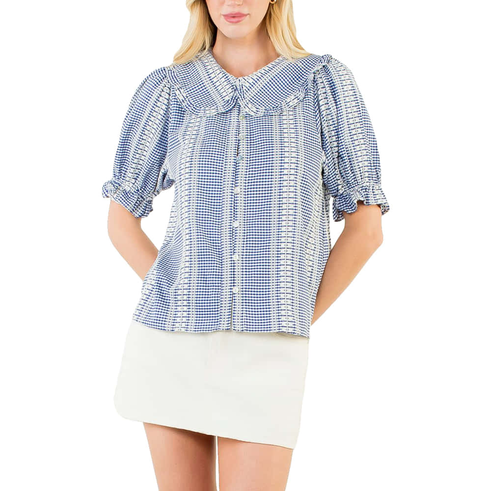 Puff Sleeve Gingham Patterned Top in Light Blue