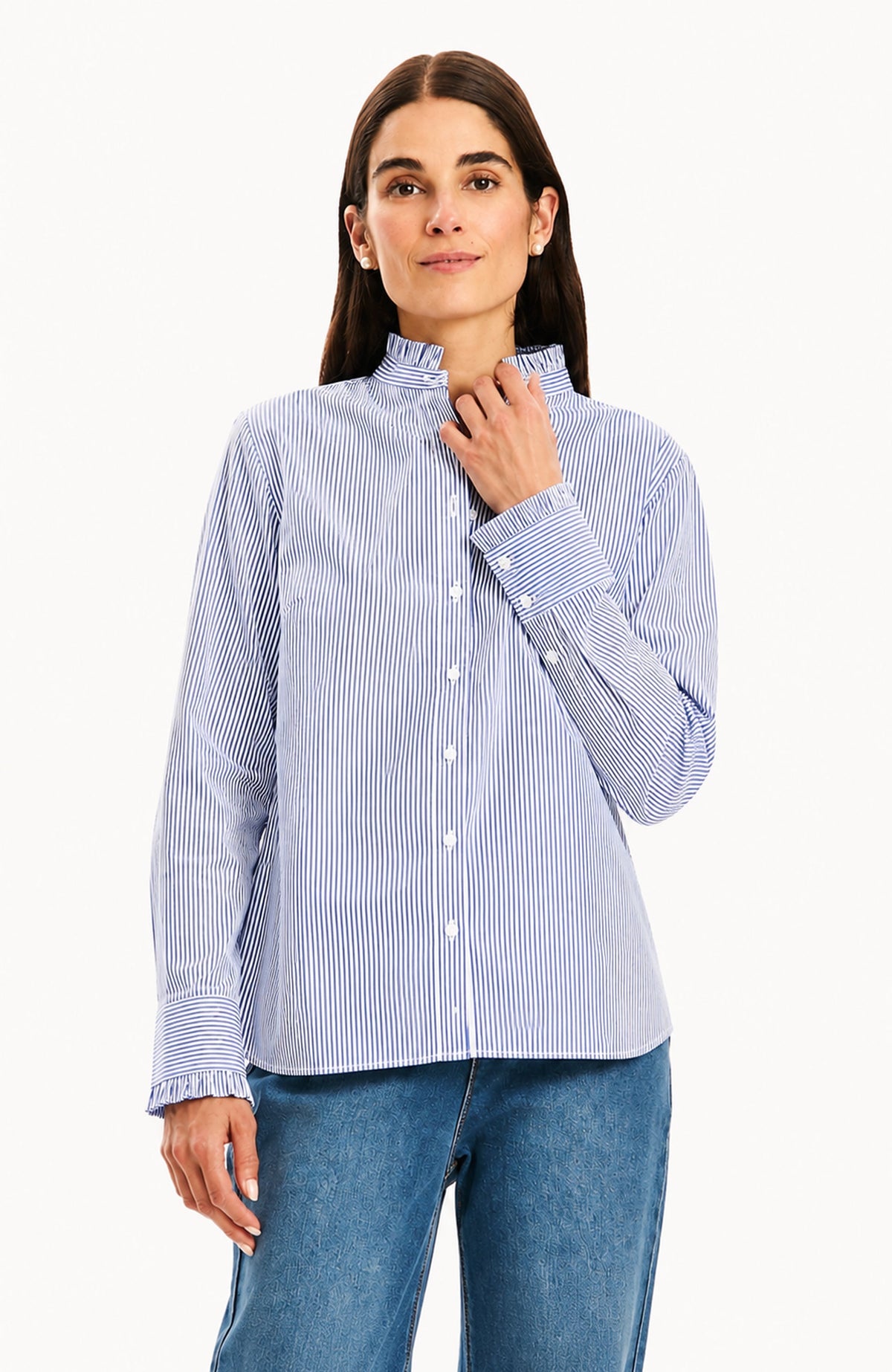 Peggy Ruffle Stripe Shirt in Navy