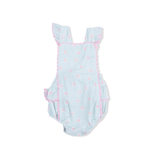 Tiny Cherry Stripe - Ric Rac Ruffle Sunsuit