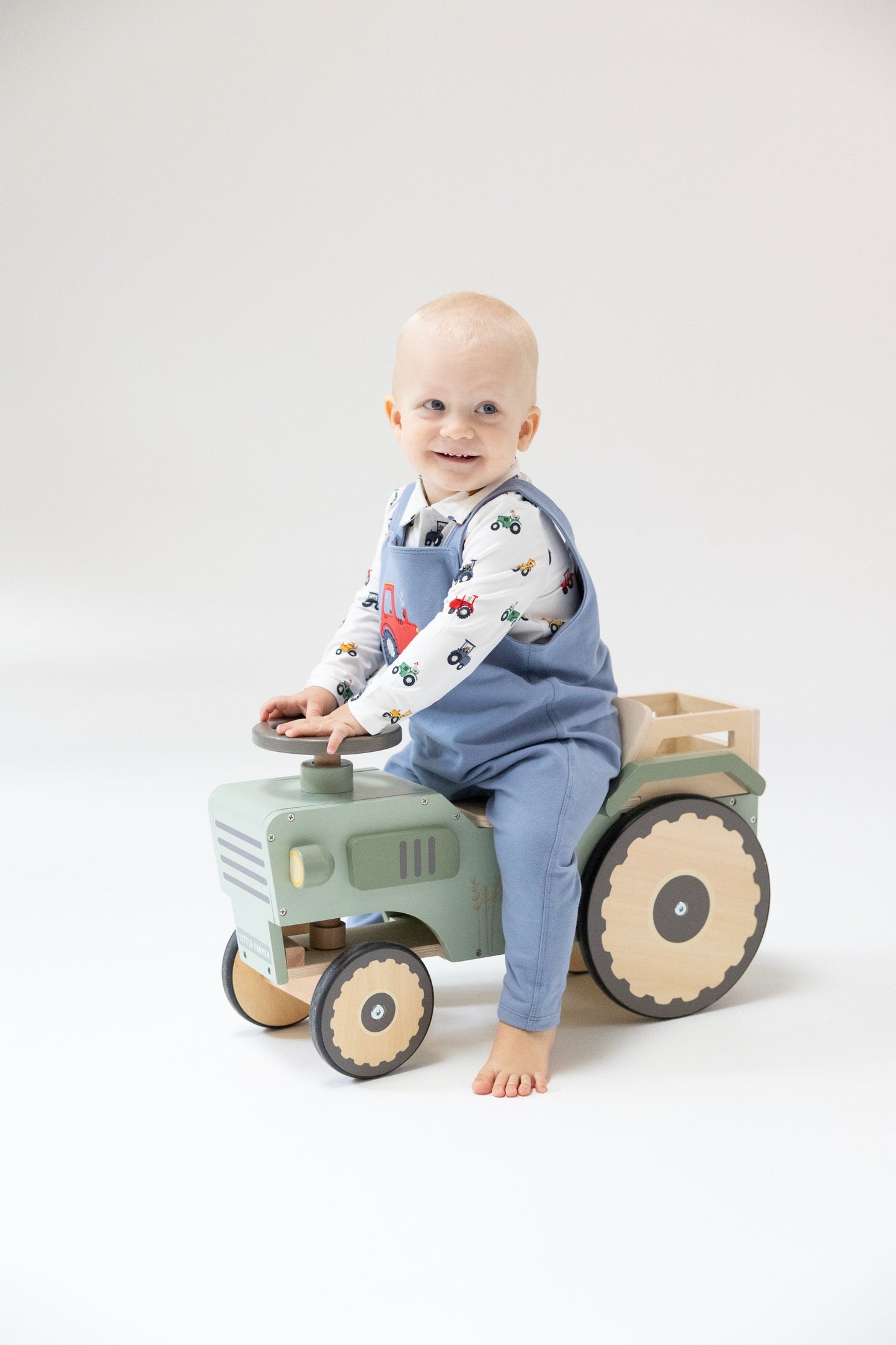 Mini Tractors -l/s Bamboo Henley Top With Tractor Applique French Terry Overalls Country Blue