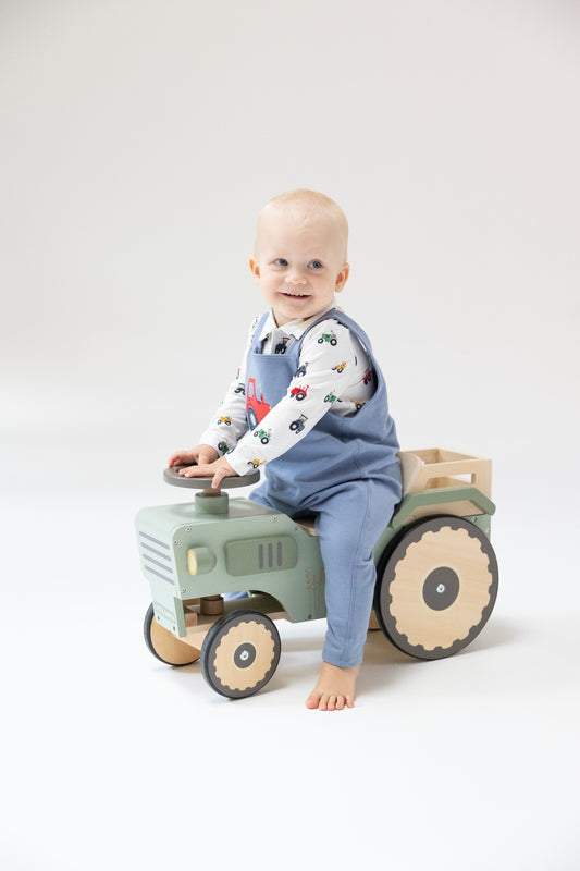 Mini Tractors -l/s Bamboo Henley Top With Tractor Applique French Terry Overalls Country Blue