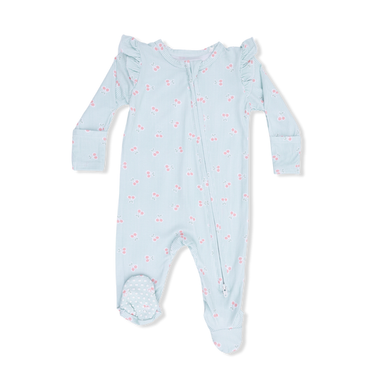 Tiny Cherry Stripe - 2 Way Ruffle Sleeve Zipper Footie