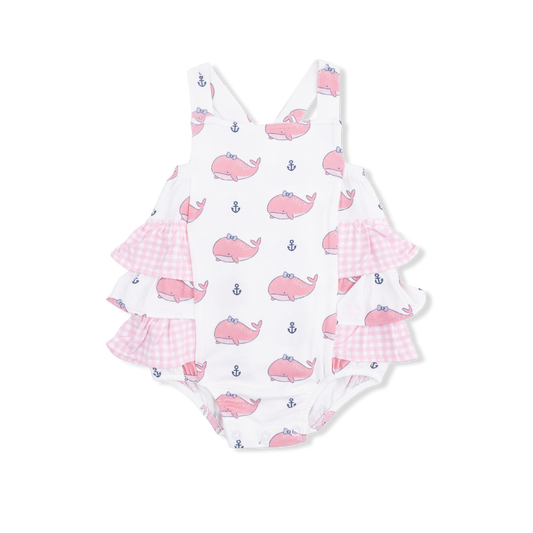 Bubbly Whale With Bow Pink - Ruffle Sunsuit