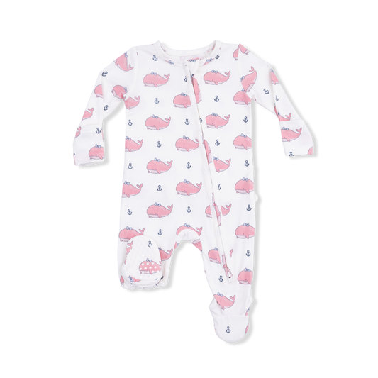 Bubbly Whale With Bow Pink - 2 Way Ruffle Back Zipper Footie