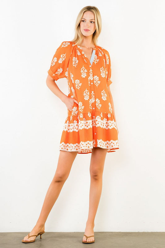 Short Sleeve Button Up Floral Pattern Dress in Orange