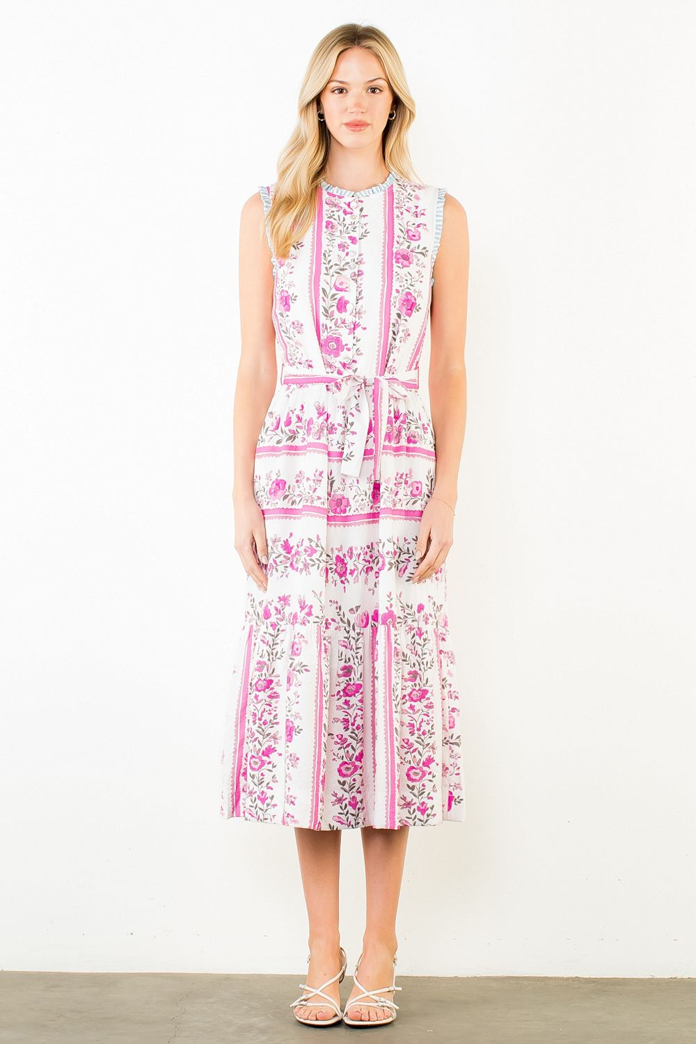 Sleeveless Floral Pattern Midi Dress in Magenta