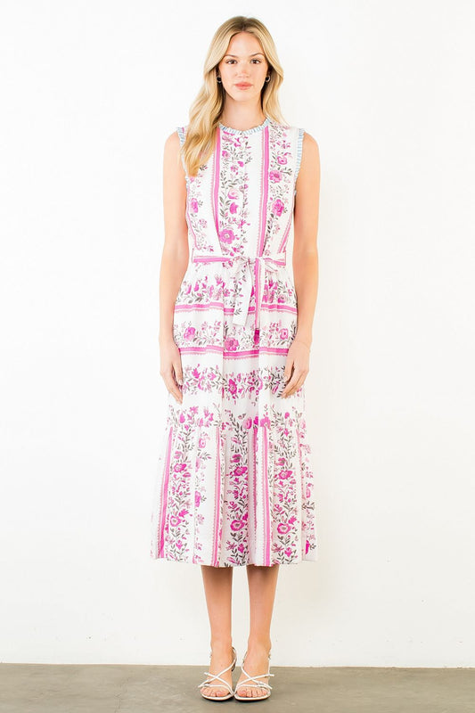 Sleeveless Floral Pattern Midi Dress in Magenta