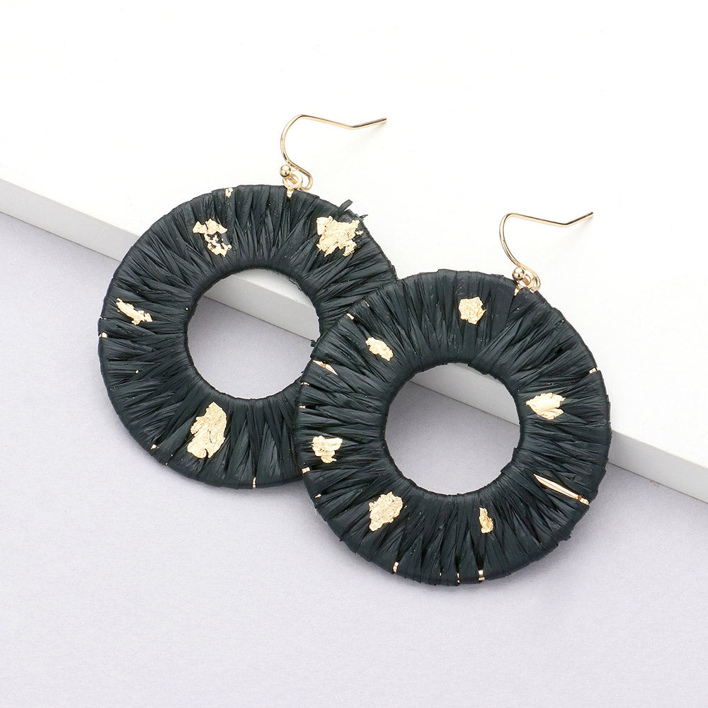 Black Gold Paint Splash Raffia Wrapped Open Circle Dangle Earrings