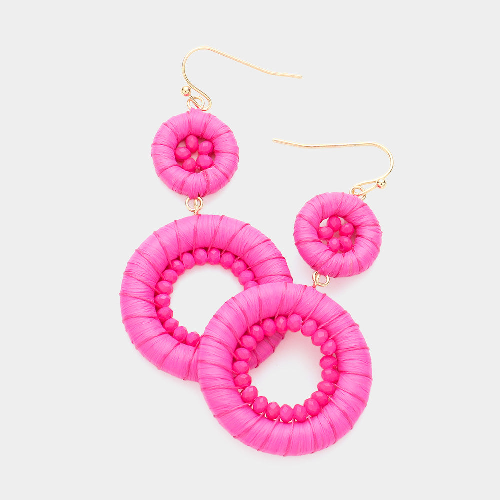Pink Raffia Wrapped Faceted Bead Embellished Double Open Circle Link Dangle Earrings
