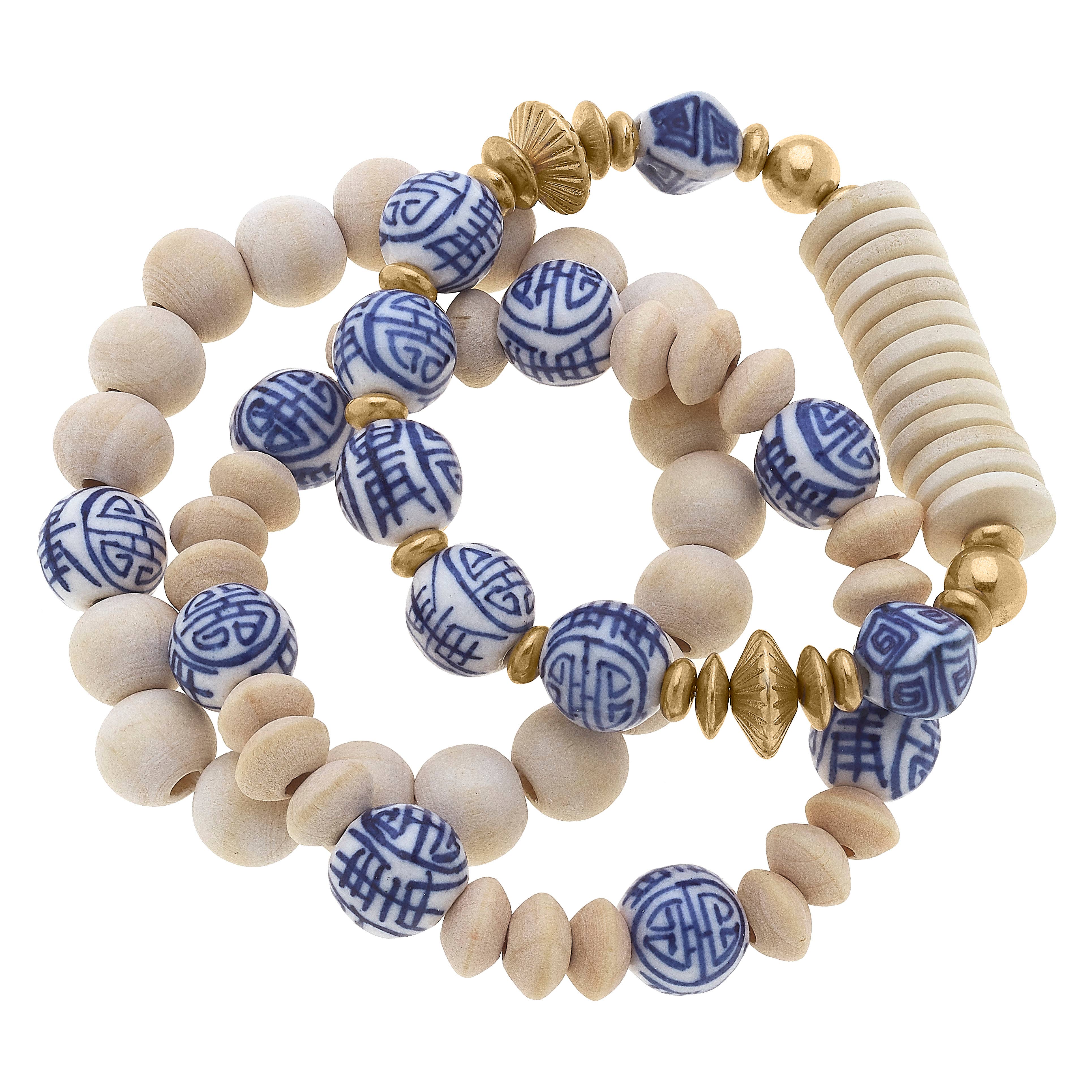 Hannah Chinoiserie & Wood Bracelets in Ivory - Set of 3