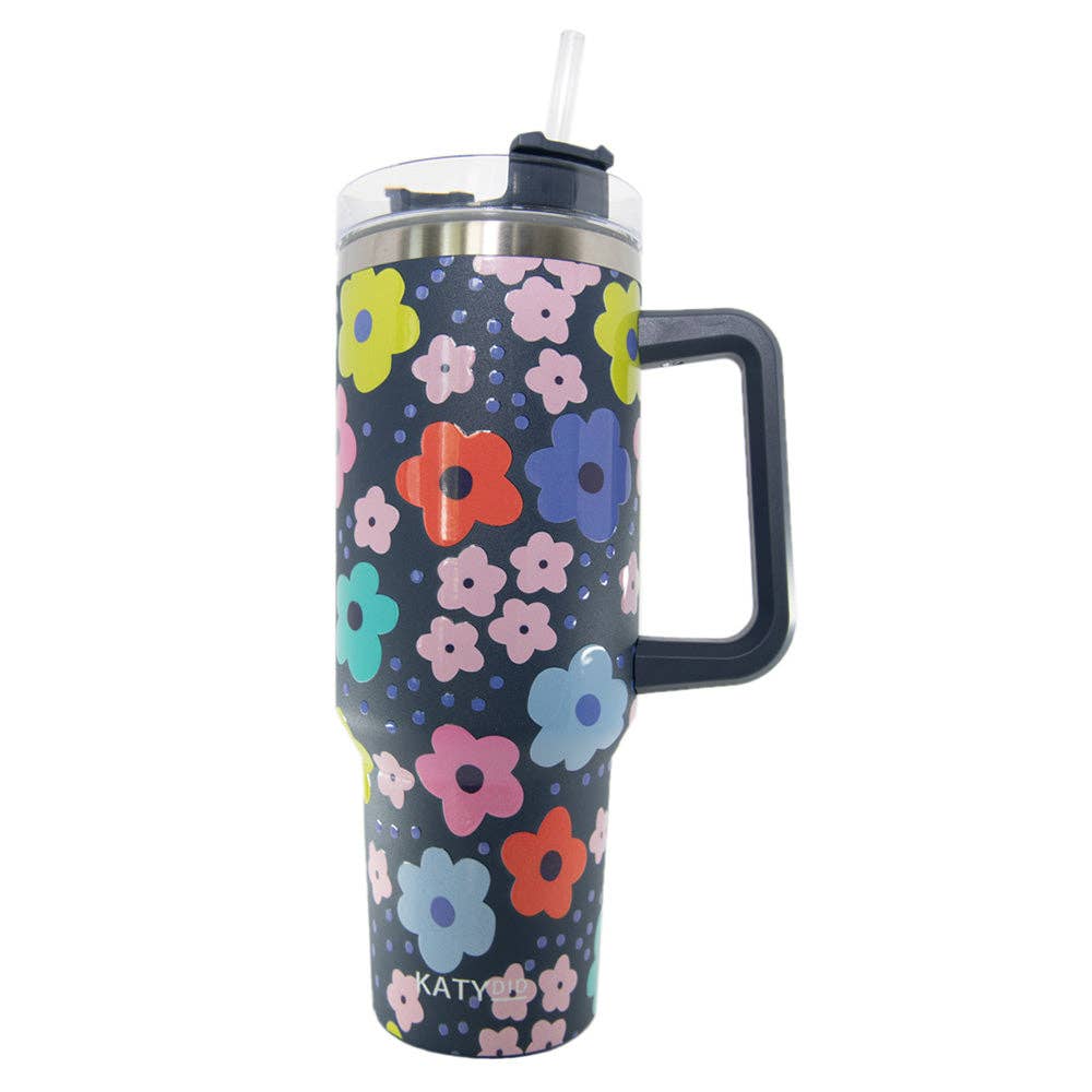 Navy Daisy Tumbler Cup with Handle: Navy