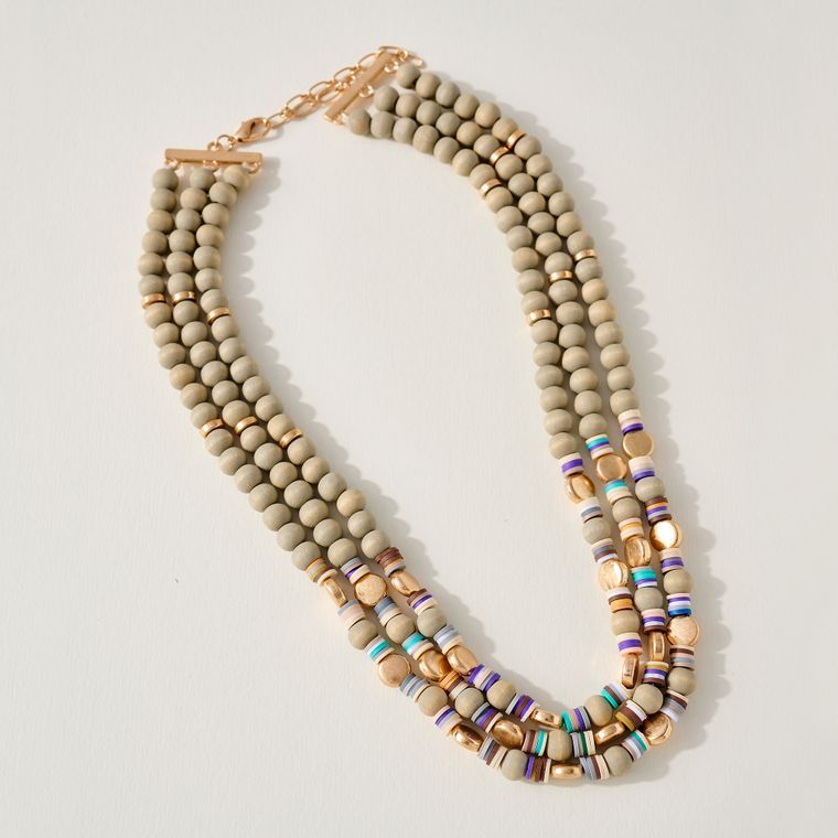 Layered Wood Rubber Beaded Necklace